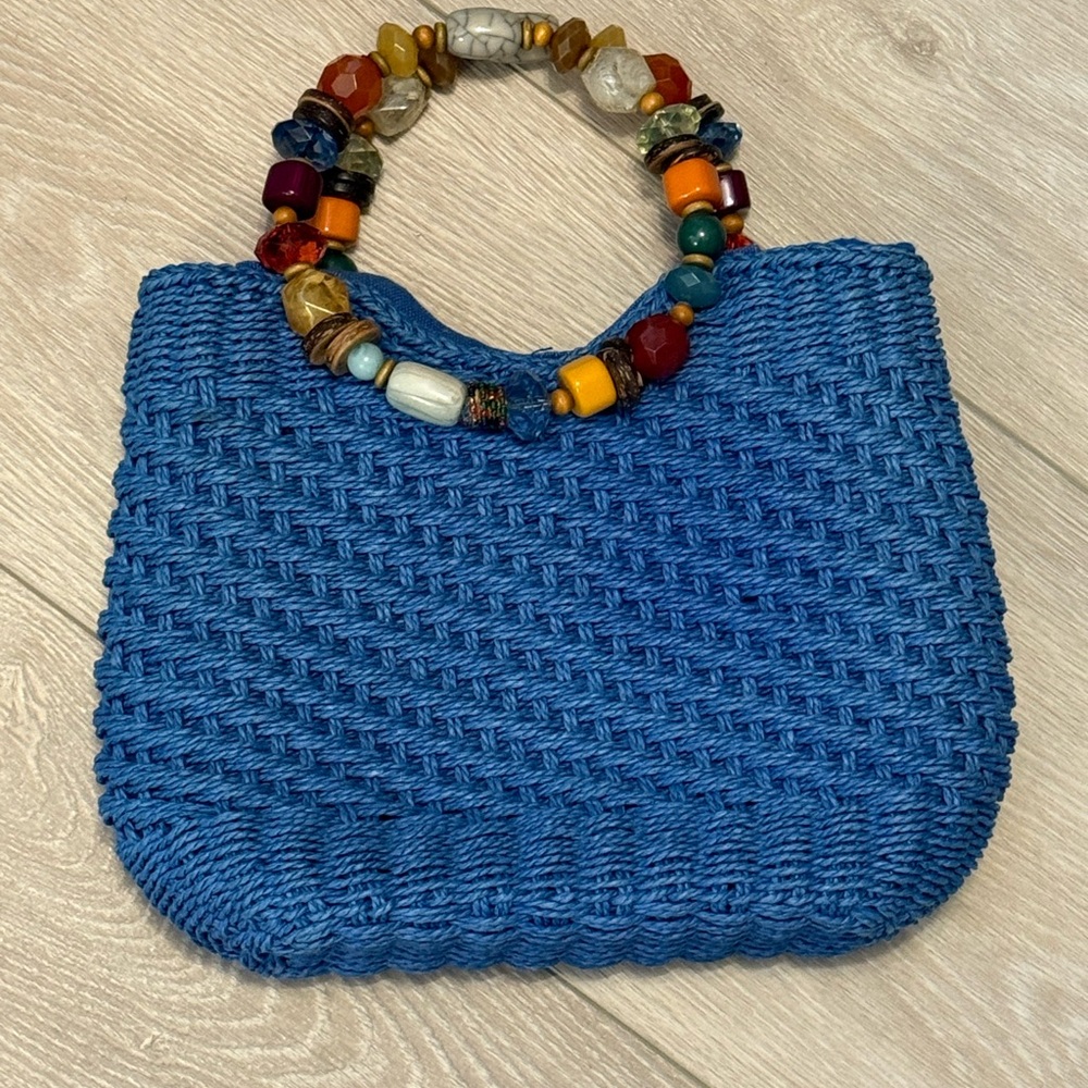 Cappelli Straworld Blue Woven Straw Beaded Handle Wristlet Clutch Y2K